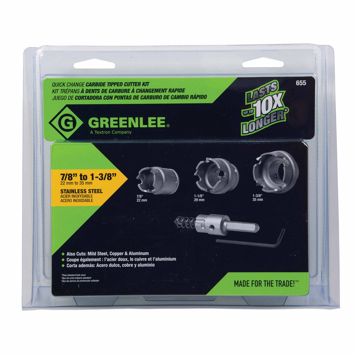 Greenlee 655 Quick Change Stainless Steel Hole Cutter Kit (7/8", 1-1/8", 1-3/8") - 2