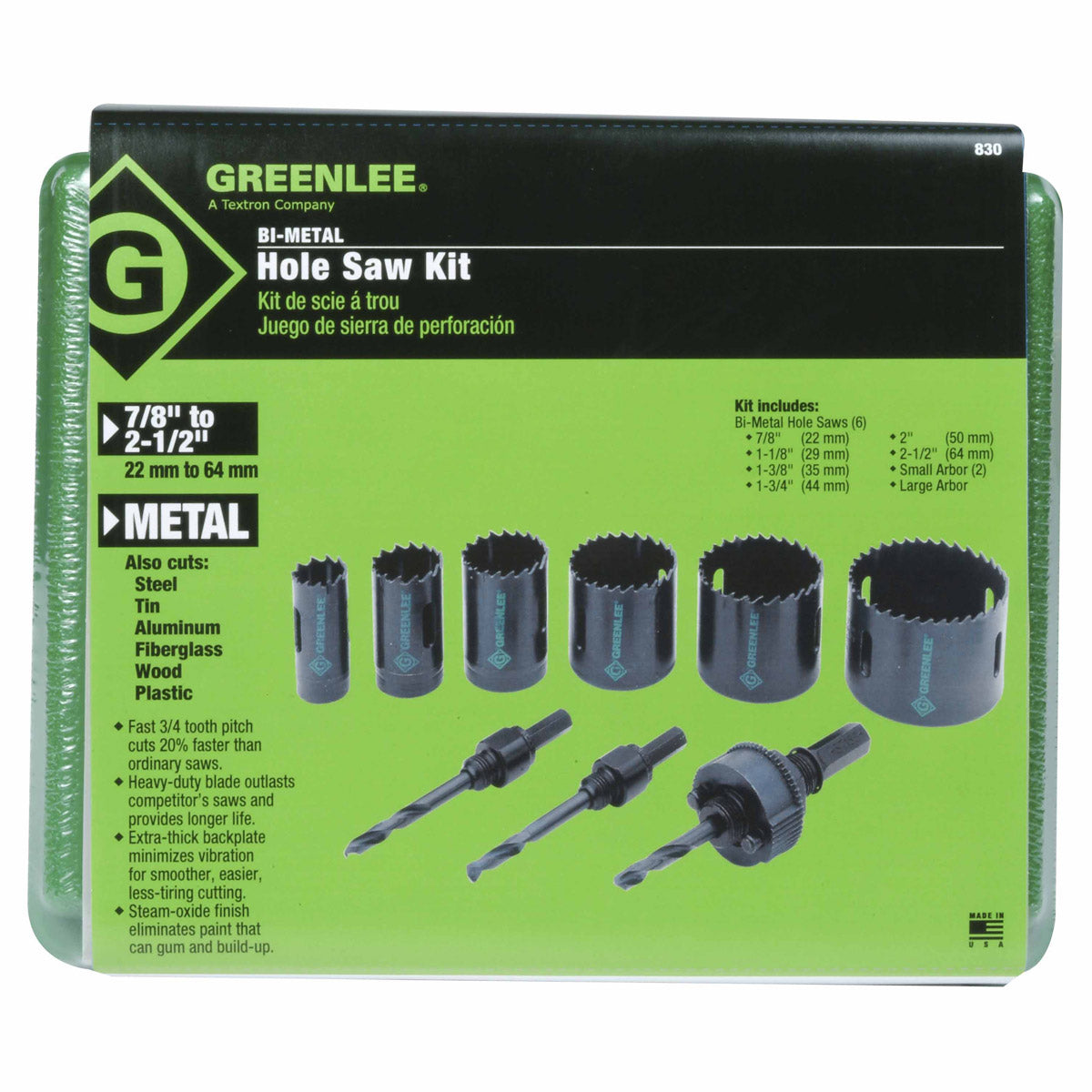 Greenlee 830 1/2" - 2" Conduit Size Bi-Metal Hole Saw Kit - 5